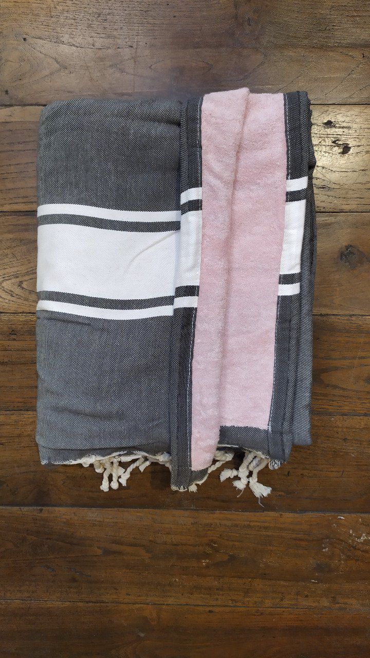 Fouta Double sided (frotté) with Velcro Pocket - Anthracite White stripe - Rose inside - 2x1m