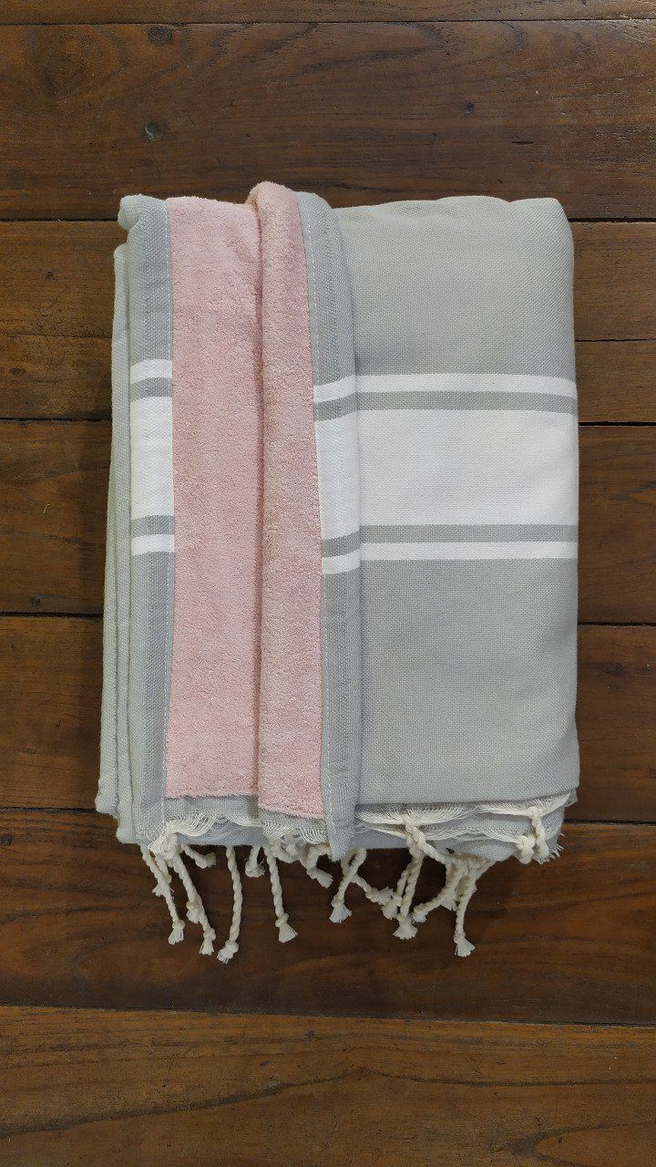 Fouta Double sided (frotté) with Velcro Pocket - Light Grey White stripe - Rose inside - 2x1m  