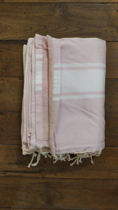 Fouta Double sided (frotté) with Velcro Pocket - Rose White stripe - Rose inside - 2x1m 