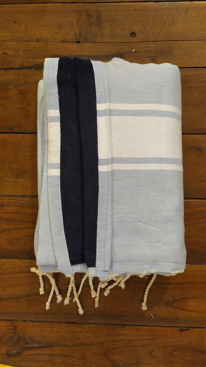Fouta Double sided (frotté) with Velcro Pocket - Sky Blue White stripe - Marine Blue inside - 2x1m