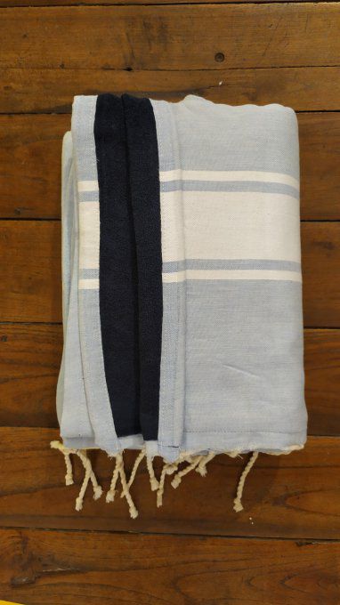 Fouta Double sided (frotté) with Velcro Pocket - Sky Blue White stripe - Marine Blue inside - 2x1m