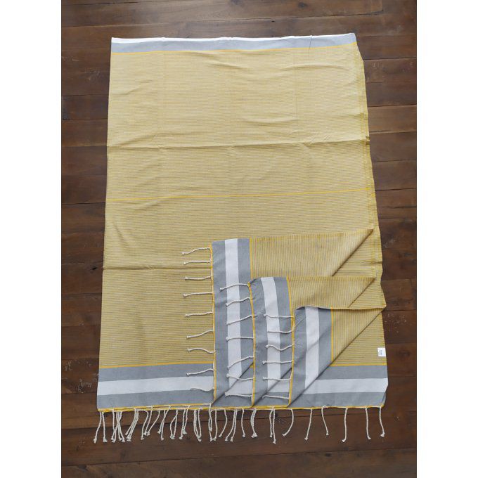 Fouta Grey White Yellow  - Thin stripes - Flat weaving 3x2m