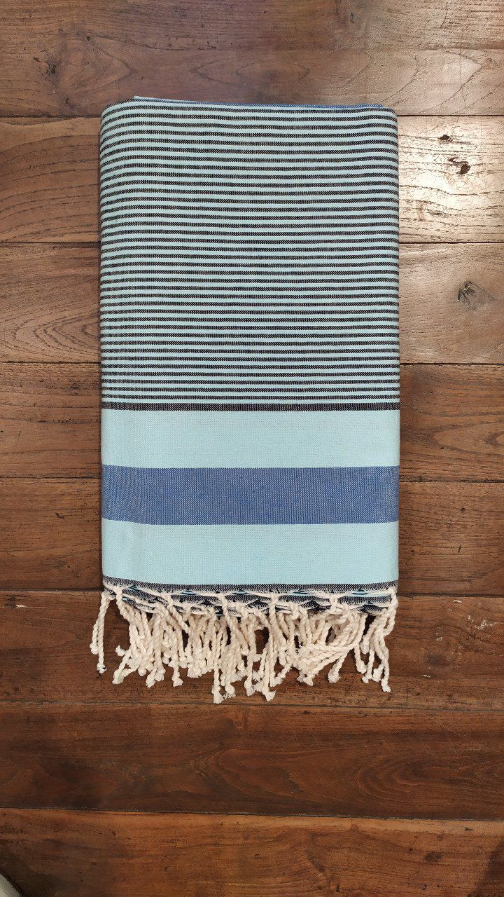 Fouta Turquoise Indigo multi black stripes flat weaving 2,50x2,35m    