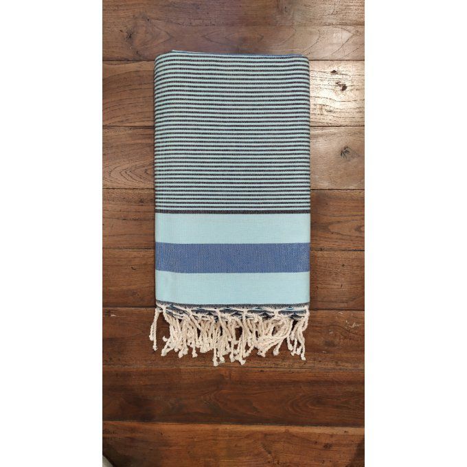 Fouta Turquoise Indigo multi black stripes flat weaving 2,50x2,35m    