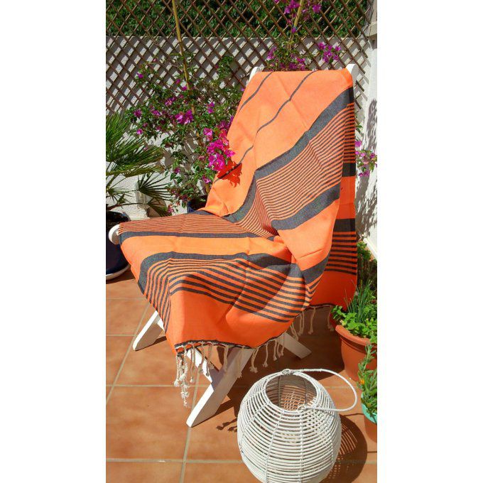 Fouta Arthur Orange/black multi stripe flat weaving 2x1m 