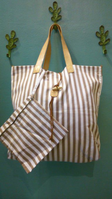 Italian Handmade bag with pocket attached inside - Brown stripes - 55x50cm