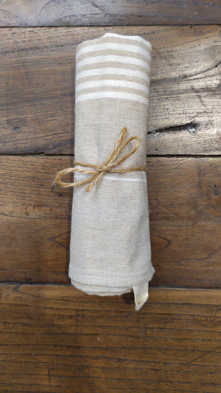 Kitchen Tea Towel - Beige White stripes - with buckle to hang - 70x45 cm 