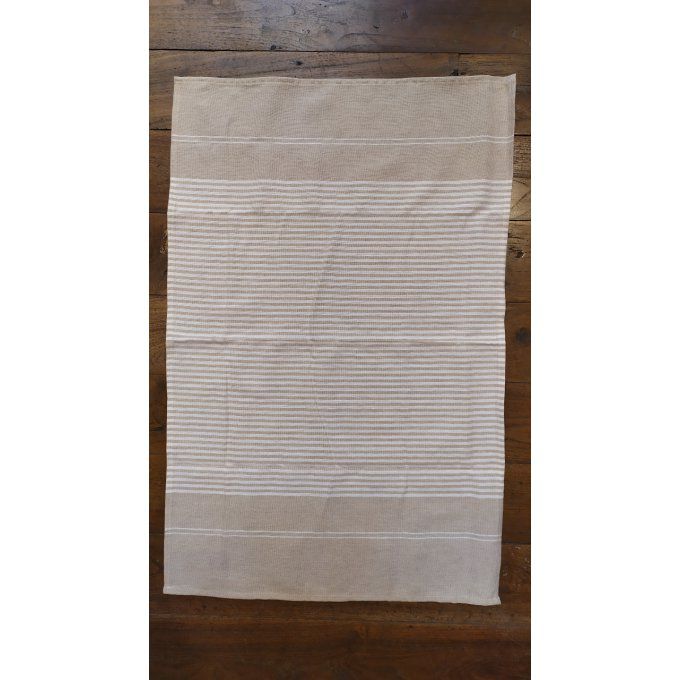 Kitchen Tea Towel - Beige White stripes - with buckle to hang - 70x45 cm 