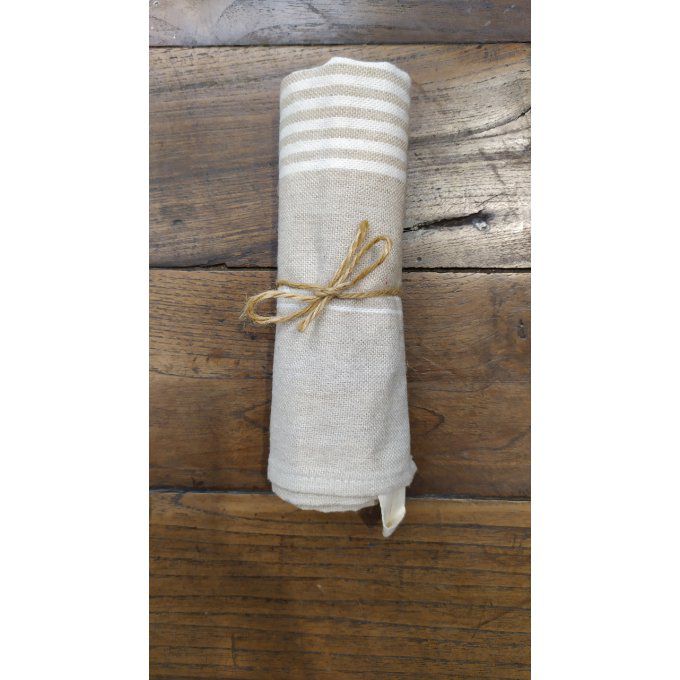 Kitchen Tea Towel - Beige White stripes - with buckle to hang - 70x45 cm 