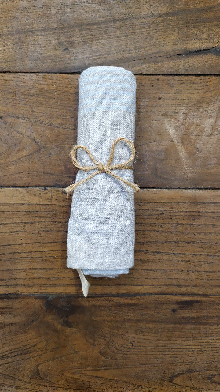 Kitchen Tea Towel - Light Grey Sky Blue stripes - with buckle to hang - 70x45 cm  