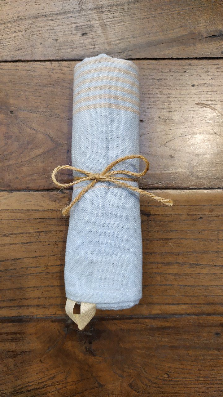 Kitchen Tea Towel - Sky Blue Light Grey stripes - with buckle to hang - 70x45 cm  