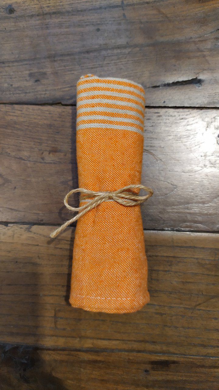 Kitchen Tea Towel - Tangerine Beige stripes - with buckle to hang - 70x45 cm