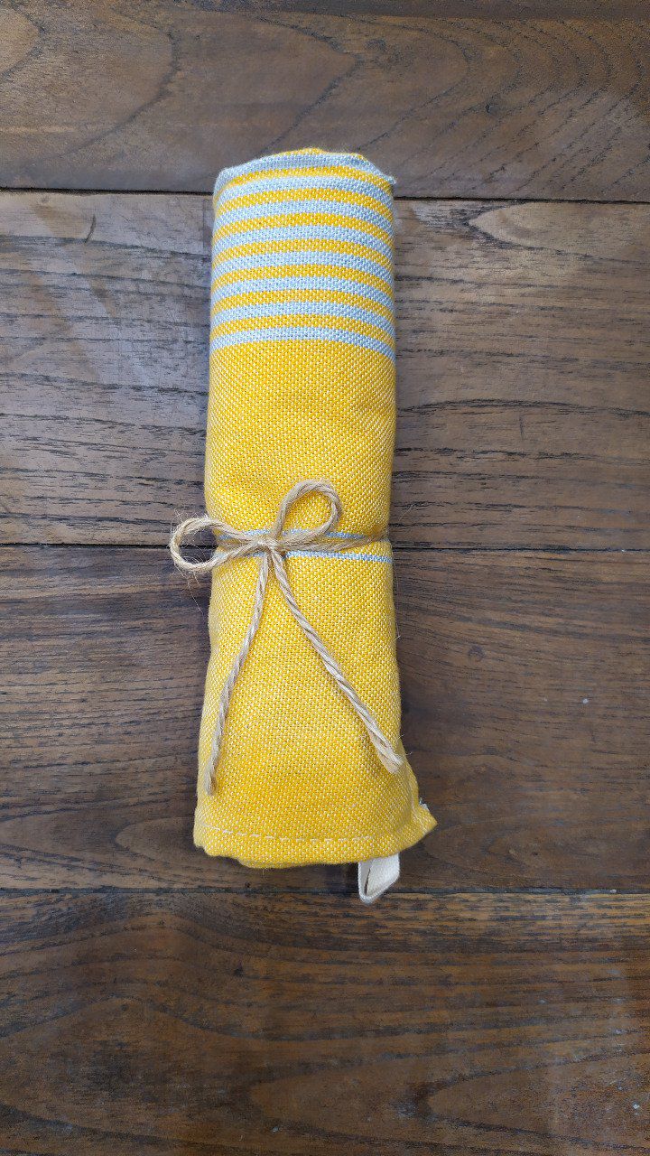 Kitchen Tea Towel - Yellow Light Grey stripes - with buckle to hang - 70x45 cm  
