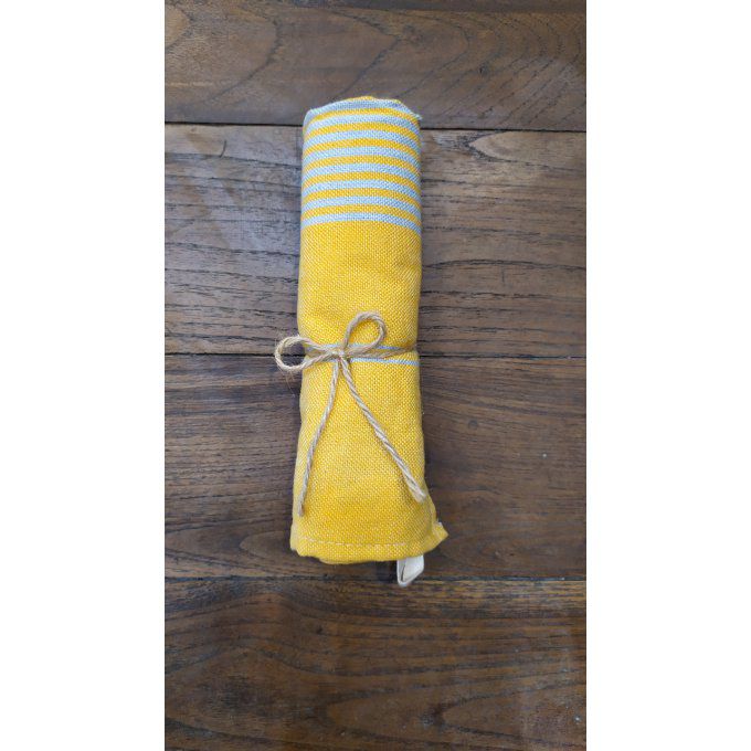 Kitchen Tea Towel - Yellow Light Grey stripes - with buckle to hang - 70x45 cm  