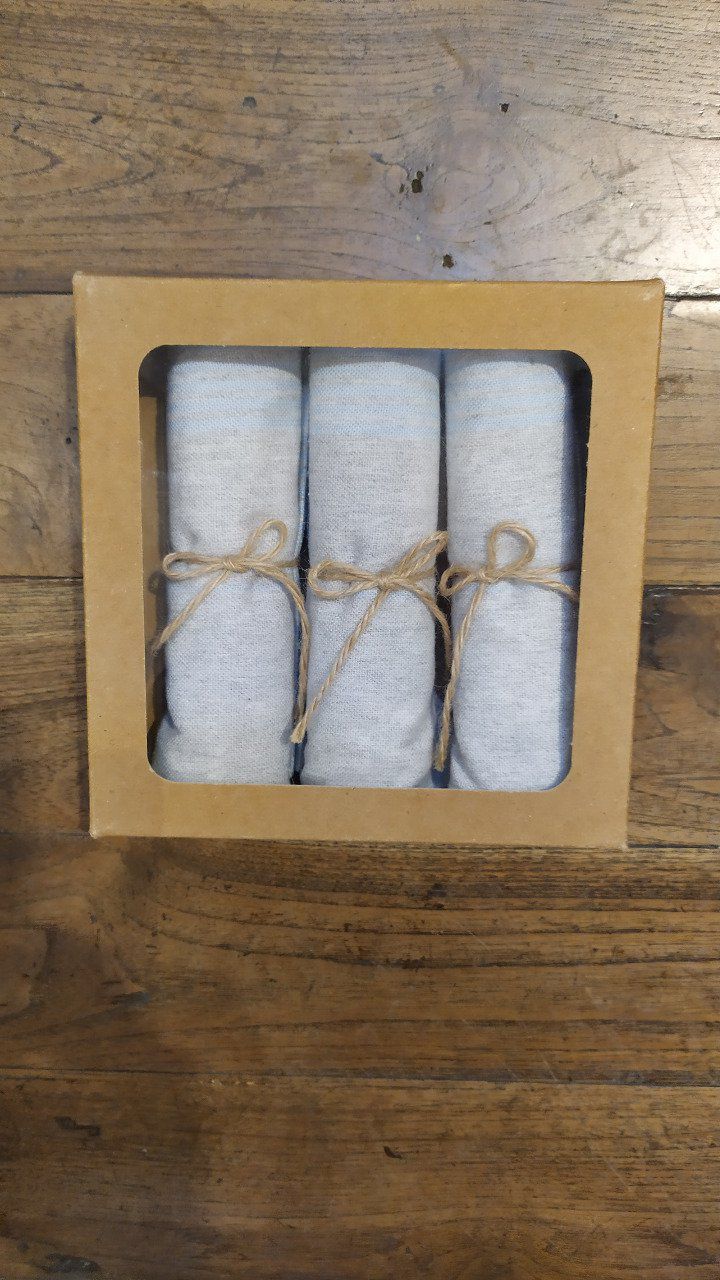 Kitchen Tea Towel with Bamboo- Box of three - Grey Blue stripes - with buckle to hang - 70x45 cm -