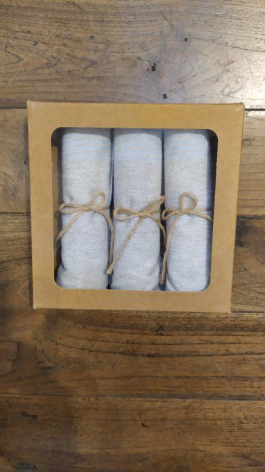 Kitchen Tea Towel with Bamboo- Box of three - Grey Blue stripes - with buckle to hang - 70x45 cm -