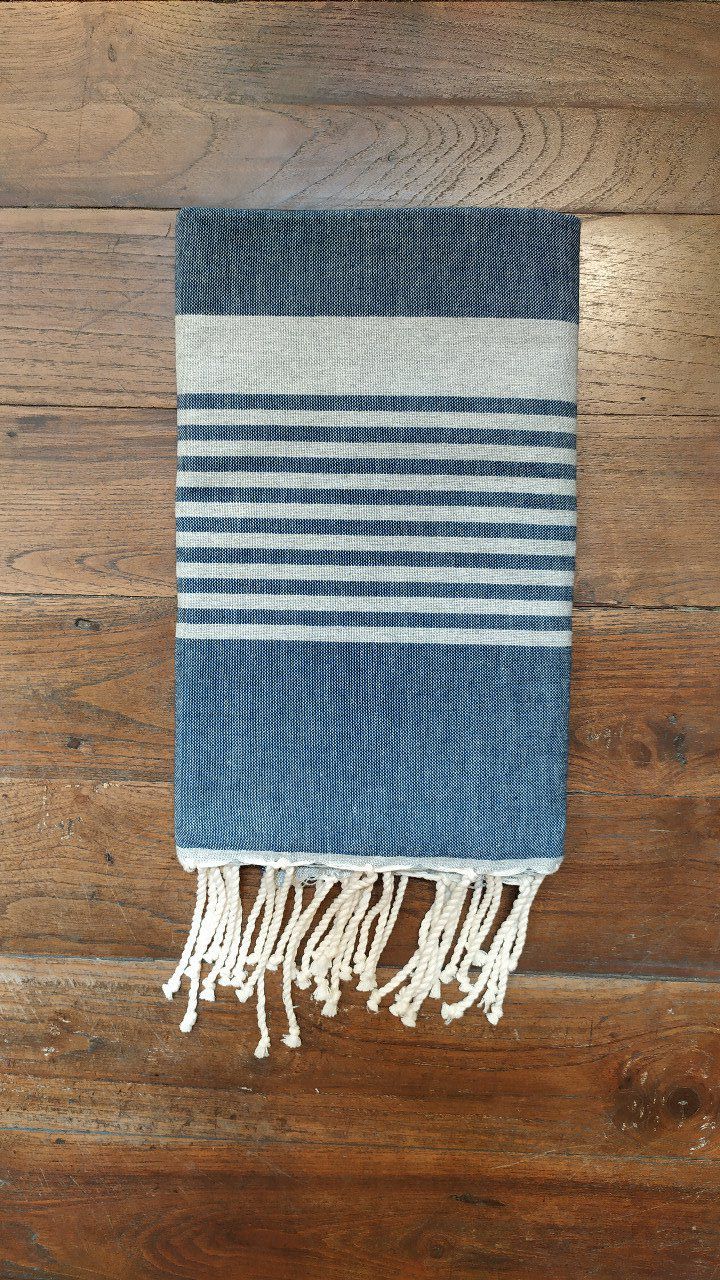 Fouta Arthur Blue jean/Light Grey multi stripe  flat weaving 2x1m