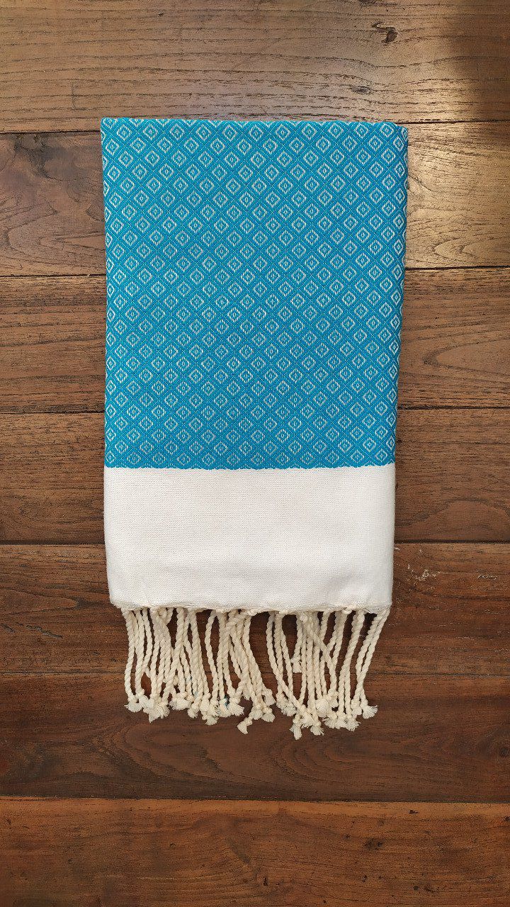 Fouta oeil de perdrix Turquoise - White stripe 2x1m   