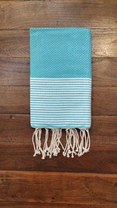 Fouta Tuquoise thin white stripes bumble bee weaving 2x1m   