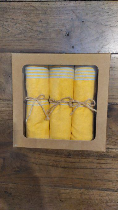 Kitchen Tea Towel with Bamboo- Box of three - Yellow blue stripes - with buckle to hang - 70x45 cm