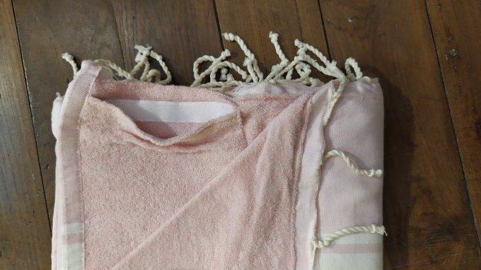 Fouta Double sided (frotté) with Velcro Pocket - Rose White stripe - Rose inside - 2x1m 