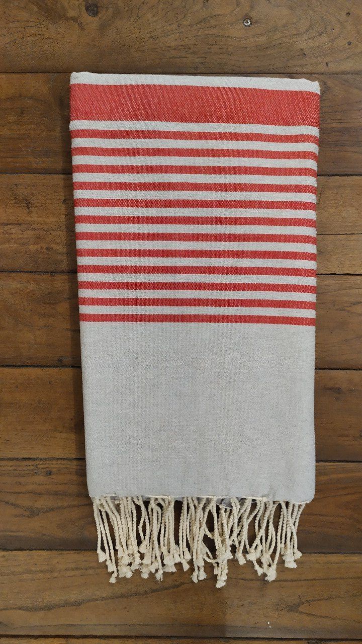 Fouta Light Grey -  Red stripes Flat weaving 3x2m  
