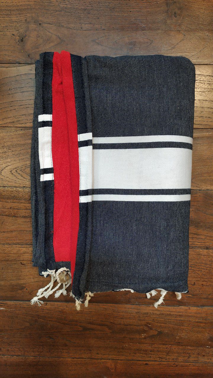 Fouta Double sided (frotté) with Velcro Pocket - Black White stripe - Red inside - 2x1m 