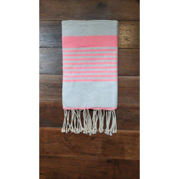 Fouta  Arthur Light grey/neon pink multi stripe flat weaving 2x1m