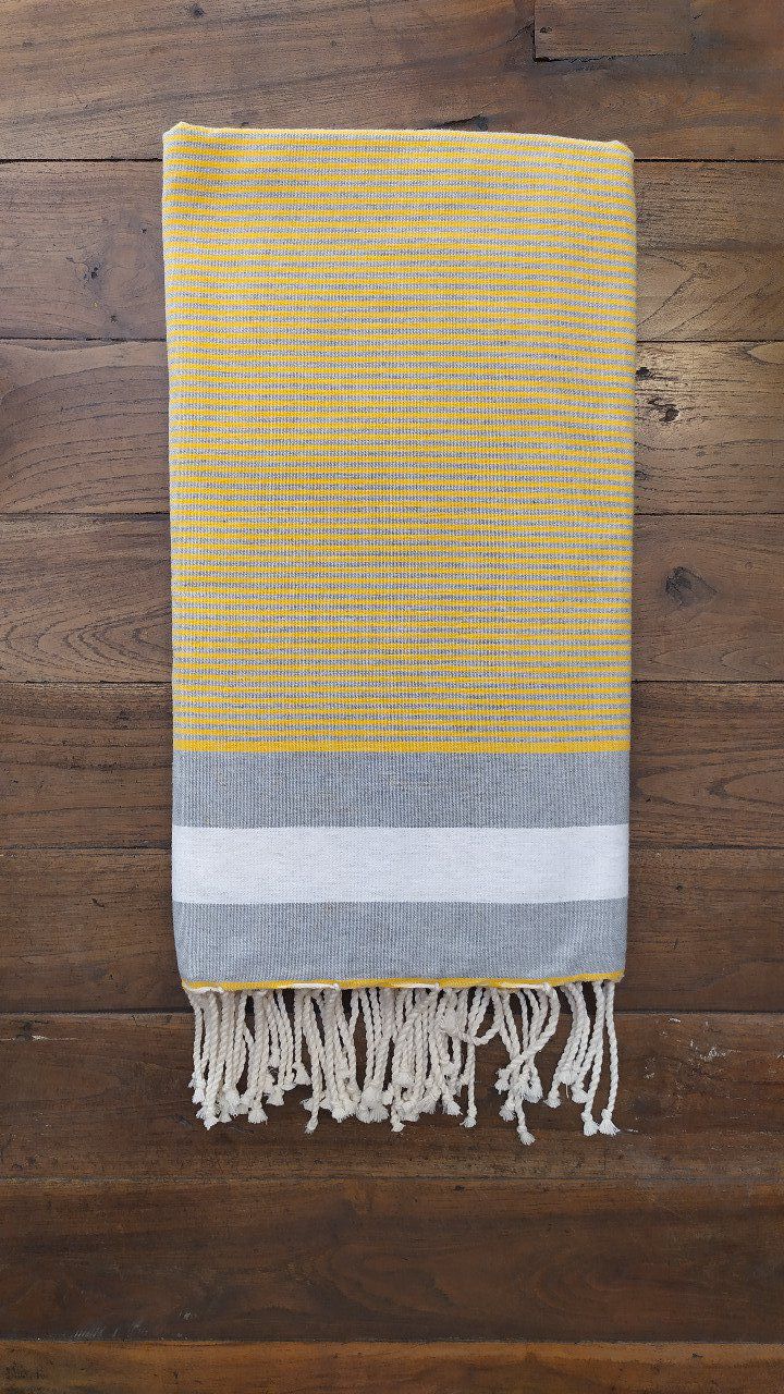 Fouta Grey White Yellow  - Thin stripes - Flat weaving 3x2m