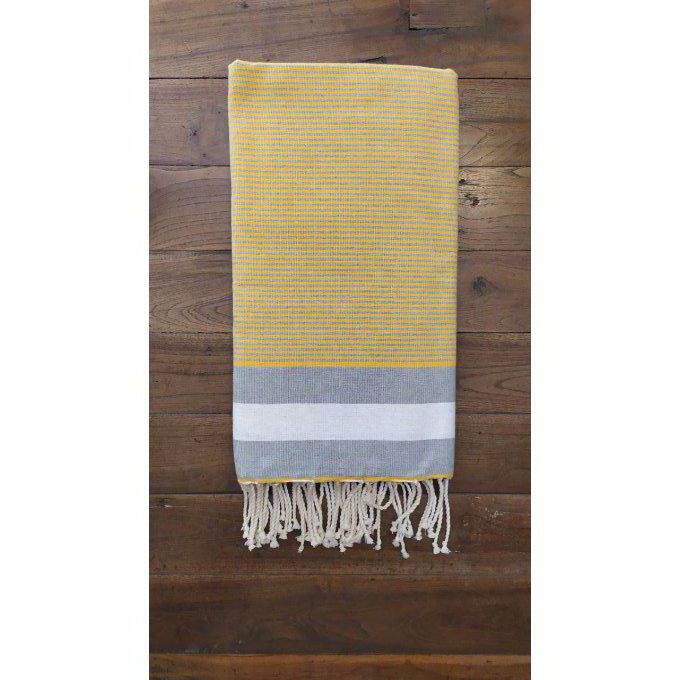 Fouta Grey White Yellow  - Thin stripes - Flat weaving 3x2m
